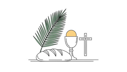A minimalist line art illustration of Christian symbols for Lent, including a palm frond, bread, a chalice, and a cross.