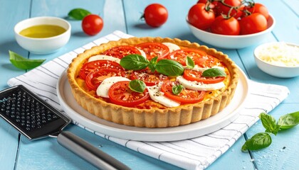 Savory tomato tart on blue wood