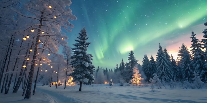Magical winter forest illuminated by aurora borealis and festive lights creating a dreamlike enchanted scene
