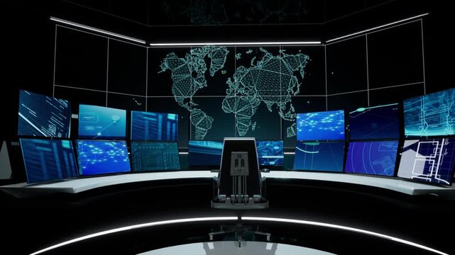 Futuristic Dark Control Room with Curved Desk and Large Digital World Map Display