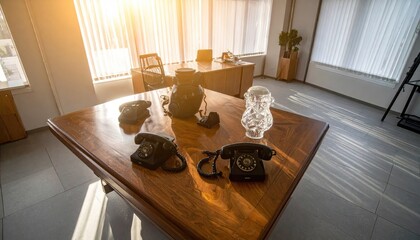 Telephones & glass on wooden table