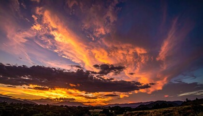 Fiery sunset over a rolling landscape