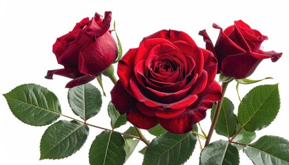 Trio of deep red roses with leaves