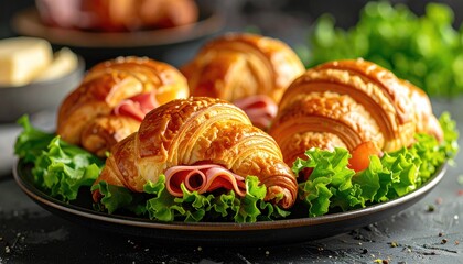 Savory ham croissants on lettuce bed