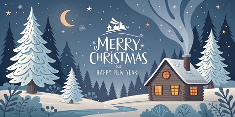 Fototapeta premium Cozy winter cabin amidst snowy pines under a crescent moon celebrating a merry christmas with warm lights and gentle snowfall