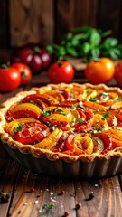 Tomato tart with basil on wood panel