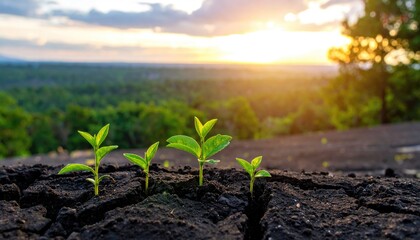 Sprouts emerge in arid, cracked earth