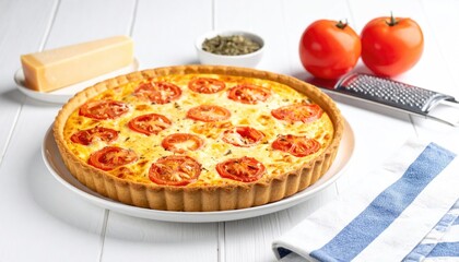 Tomato cheese quiche on white plate