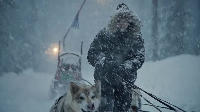 A man guides a sled through a blizzard, lit by lantern, with dogs