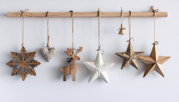 Charming handcrafted wooden Christmas ornaments bring cozy holiday cheer to your home decor this season with rustic snowflake, star, heart, and reindeer - Powered by Adobe