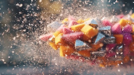 Fototapeta premium Dynamic explosion of colorful diced fresh fruits in mid air with a water splash.