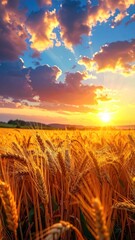 Golden field and vibrant sunset sky