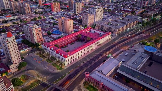 Aerial drone fly Military Historical Museum, Santiago de Chile City Center, Streets under Sunset