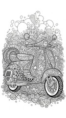 Intricate doodle art illustration of a vintage scooter with detailed patterns and abstract background for adult coloring.