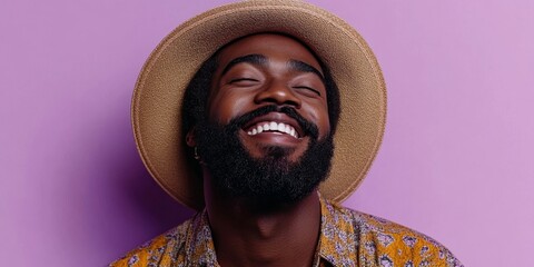 Mockup of a laughing bearded man in fashion clothes with a purple studio backdrop. Humorous expression with a funny joke, perfect for comedy and fashion expression, Generative AI