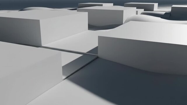 Abstract 3d rendering of white geometric cube shapes on undulating terrain with strong shadow contrast 4k video