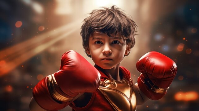Determined young boy boxer with red gloves ready for a fight in the ring. - Powered by Adobe