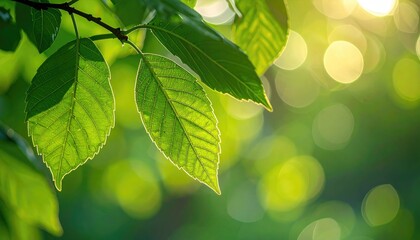 Sunlit green leaves with blurred background