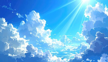 Cartoon bright sky with fluffy clouds