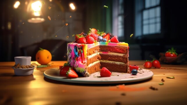 Delicious slice of colorful rainbow layer cake with fresh strawberries on a wooden table.