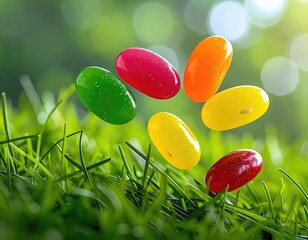 Colorful jellybeans on bright green grass