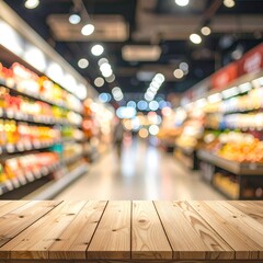 Grocery aisle blurred over wood surface