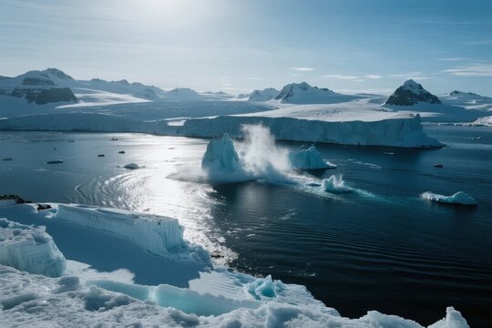 Glacier calving in polar region with icebergs floating in calm waters under clear sky