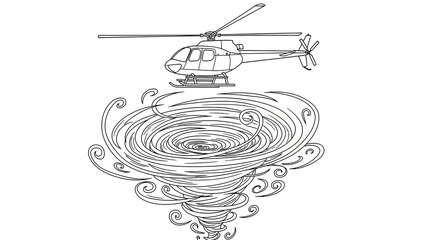 A black and white line drawing of a helicopter flying over a swirling tornado vortex.