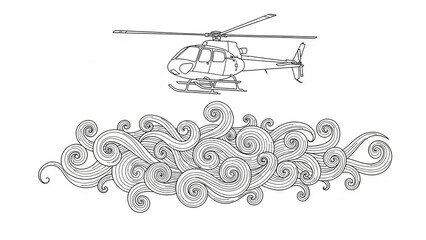 A detailed line drawing of a helicopter flying above a stylized, swirling cloud formation.