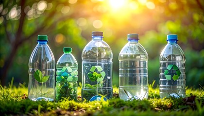 Five clear plastic bottles with greenery and recycling symbols