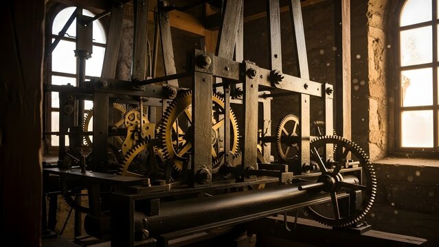 Old clock tower mechanism gears and wooden frame antique engineering timekeeping system architecture