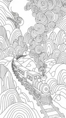 Detailed black and white illustration of a train traveling through a mountainous landscape.