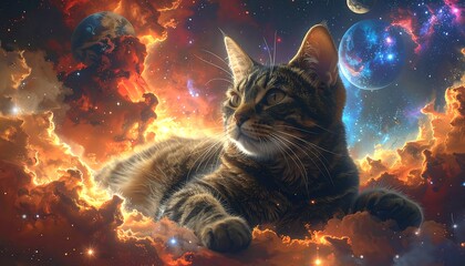A tabby cat floats amidst celestial clouds, surrounded by planets