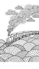A whimsical steam train with patterned smoke traveling over rolling hills in a zentangle coloring page style.