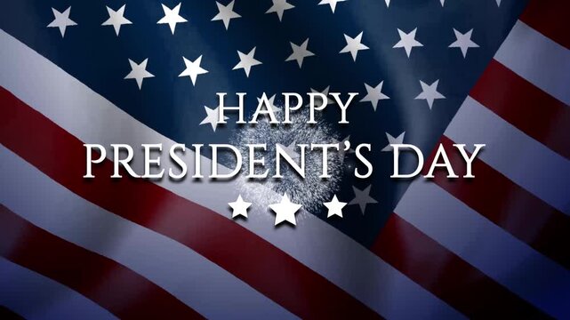 Happy President's Day text animation on waving American flag as the background with fireworks. Great for use on presidents day celebration, banner, event, etc.