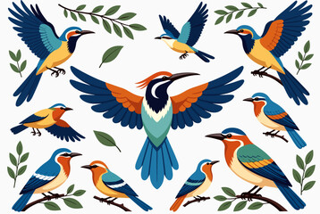 Fototapeta premium A vibrant collection of colorful birds with blue, orange, and yellow plumage, depicted in various poses including flying and perching on branches, surrounded by green leaves.