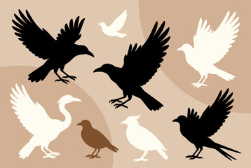 Obraz premium A collection of various bird silhouettes in black, white, and brown against a beige background.