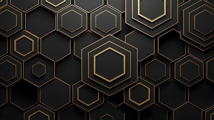 A refined geometric background featuring interconnected hexagon shapes in deep black with sleek gold borders