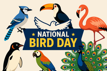 Fototapeta premium An illustration celebrating National Bird Day with a variety of colorful birds including a blue jay, toucan, flamingo, penguin, parrot, and peacock.