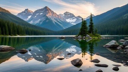 Mountain lake reflection at sunrise serene landscape with forest and rocky shore nature background