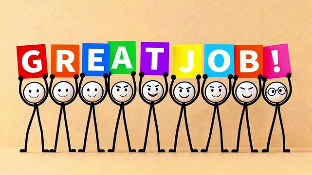 Great job teamwork achievement success celebration congratulations encouragement motivation appreciation recognition reward performance effort stick figures cartoon characters colorful cards