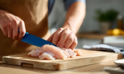 Obraz premium A man cuts chicken on a table with a wooden board and a blue knife