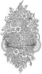Intricate black and white illustration of a bicycle surrounded by floral elements and decorative patterns.