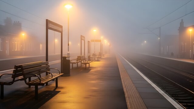 Foggy train station platform benches and lights scenic travel photography stock image for commercial use - Powered by Adobe