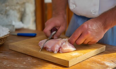 A man cuts chicken on a table with a wooden board and a blue knife