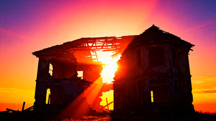 Ruin decay abandoned derelict architecture structure building home house sunset sunrise light shadow silhouette sky clouds landscape nature travel tourism adventure exploration history