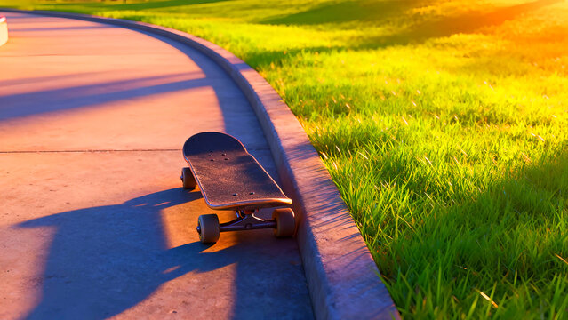 Skateboard park skate skating board wheels recreation sport lifestyle youth culture urban activity summer fun outdoor sunlight grass sidewalk concrete edge shadow leisure - Powered by Adobe
