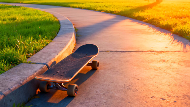 Skateboard pavement sunlight grass recreation sport activity lifestyle urban skateboarding street skate park ride wheels deck trick ollie ramp grind rail youth culture extreme - Powered by Adobe