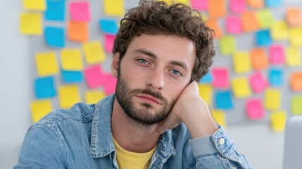 Obraz premium Thoughtful man with curly hair resting head on hand in a creative workspace surrounded by vibrant sticky notes