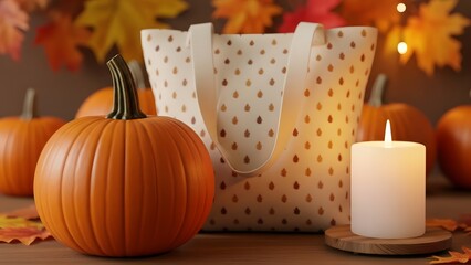 Autumn still life with pumpkins tote bag and candle a cozy seasonal arrangement